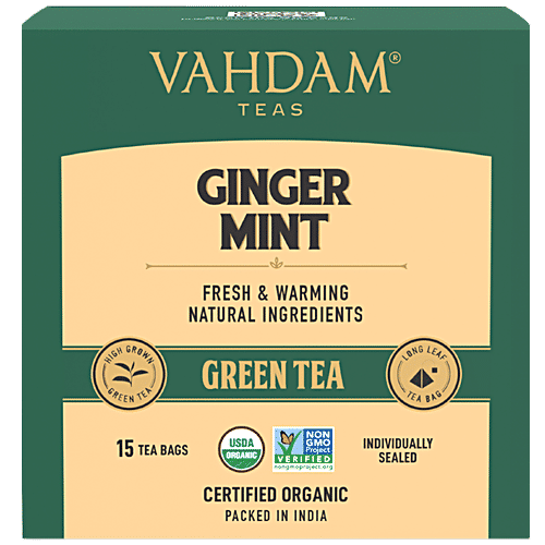 Vahdam Organic Ginger Mint Green Tea Bags - Antioxidant Rich & Relaxing Detox Tea, 30 g (15 Pyramid Bags x 2 g each)