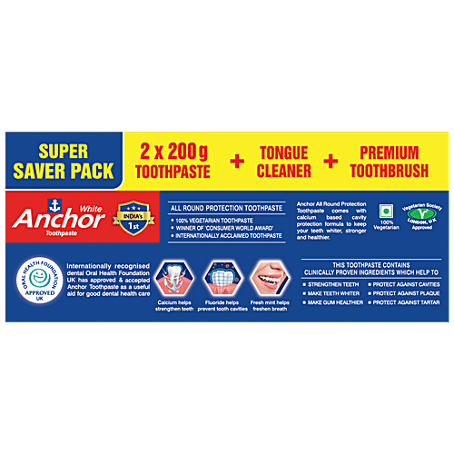 Anchor White All Round Protection, 4 pcs (2x200 g Toothpaste + Tongue Cleaner + Premium Toothbrush) 