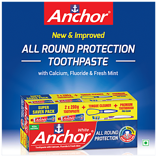 Anchor White All Round Protection, 4 pcs (2x200 g Toothpaste + Tongue Cleaner + Premium Toothbrush) 