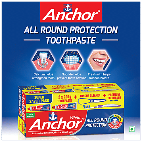 Anchor White All Round Protection, 4 pcs (2x200 g Toothpaste + Tongue Cleaner + Premium Toothbrush) 