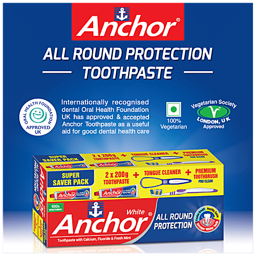 Anchor White All Round Protection, 4 pcs (2x200 g Toothpaste + Tongue Cleaner + Premium Toothbrush) 