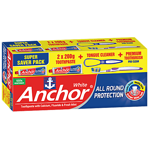 Anchor White All Round Protection, 4 pcs (2x200 g Toothpaste + Tongue Cleaner + Premium Toothbrush) 