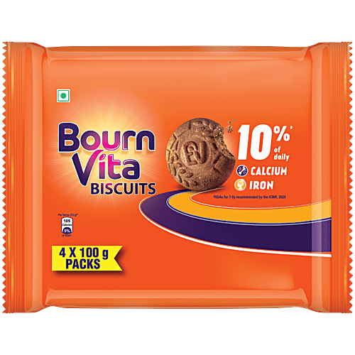 Bournvita Biscuits, 400 g (4 x 100 g) Provides About 10% Of Daily Calcium & Iron Requirements