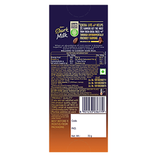 Cadbury Dark Milk - Salted Caramel Chocolate Bar, 72 g  