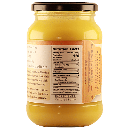 Old Madras Market Cultured Ghee - Pure Cow Ghee, From Grass Fed Cows, 500 ml Glass Bottle