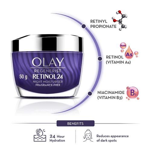 Olay Regenerist Retinol 24 Night Moisturiser - With Niacinamide, Improves Fine Lines, Wrinkles, 50 g  