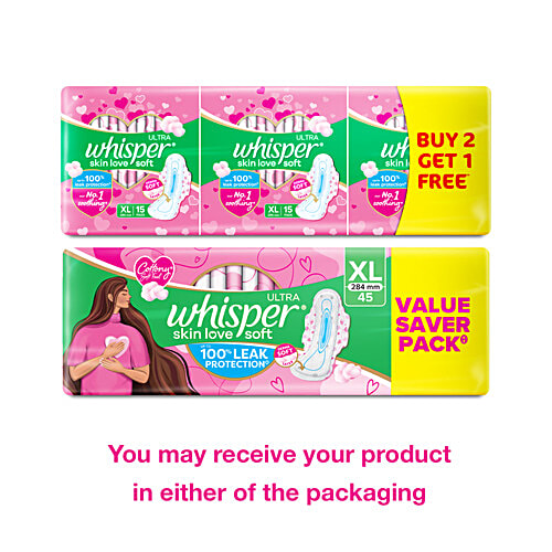 Whisper Whisper Ultra Skin Love Soft Sanitary Pads For Women - XL, 45 pcs (Buy 2 Get 1 Free)