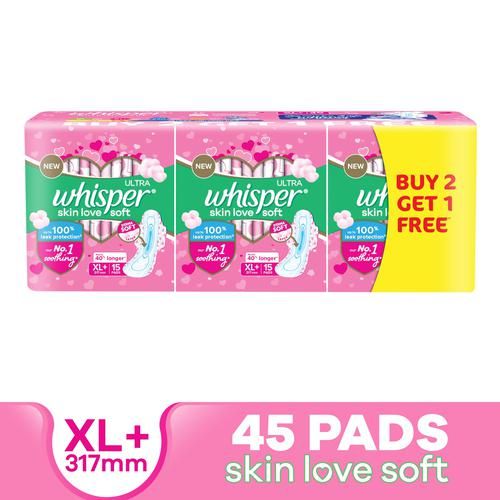 Buy Whisper Ultra Skinlove Soft Sanitary Pads for Women XL+ Cottony soft  our #1 Softness Soft top sheet Irritation free 31.7 cm Long With disposable  wrap Online at Best Price of Rs 400 - bigbasket