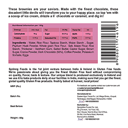 Sprinng Gluten Free Soft Gooey Brownie, 80 g Pouch