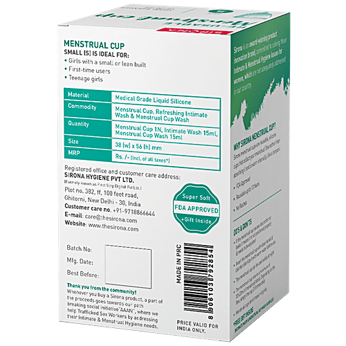 SIRONA FDA Approved Reusable Menstrual Cup (Small Size) With Pouch, Mini Intimate Wash & Cup Wash, 1 pc  