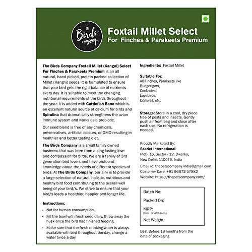 The Birds Company Bird Food - Premium Foxtail Millet/Kangni Select With Spirulina & Cuttlefish Bone, 900 g