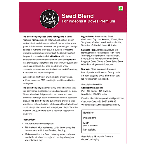 The Birds Company Bird Food - Premium Seed Blend Of 8 Grains & Nuts With Spirulina & Cuttlefish Bone, 450 g  