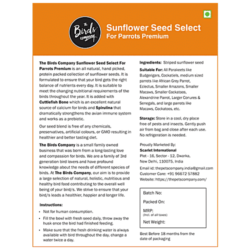 The Birds Company Bird Food - Premium Striped Sunflower Seed Select With Spirulina & Cuttlefish Bone, 900 g  