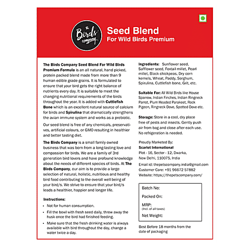 The Birds Company Bird Food - Premium Seed Blend Of 9 Grains & Nuts With Spirulina & Cuttlefish Bone, 450 g  
