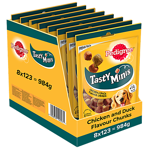 Pedigree Tasty Minis Adult Dog Treat - Chicken & Duck Flavour Chunks, 130 g (Pack of 8) 