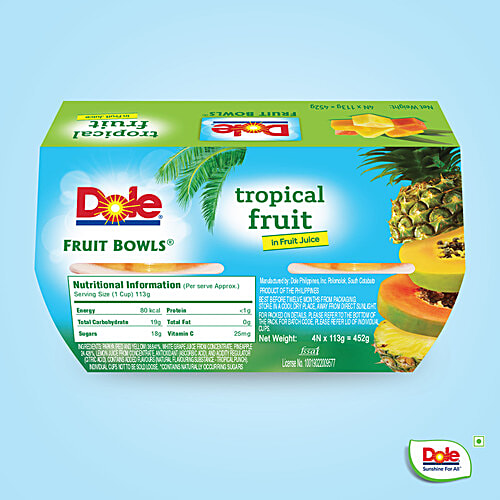 Dole Tropical Fruit Bowls - Diced Papaya & Pineapple In Fruit Juice, No Added Sugar, 452 g (Pack of 4) 