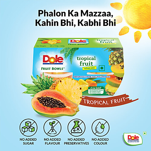 Dole Tropical Fruit Bowls - Diced Papaya & Pineapple In Fruit Juice, No Added Sugar, 452 g (Pack of 4) 