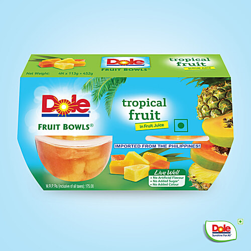 Dole Tropical Fruit Bowls - Diced Papaya & Pineapple In Fruit Juice, No Added Sugar, 452 g (Pack of 4) 