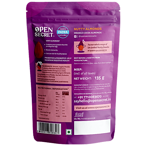 Open Secret Nutty Almonds - Orange Cocoa, Zero Refines Sugar, 135 g  