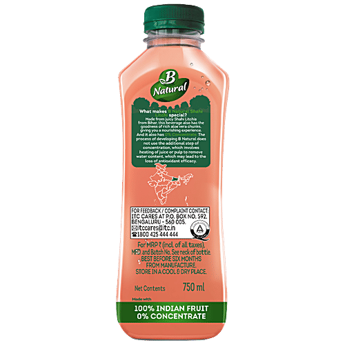 B Natural Shahi Litchi Juice With Aloe Vera Chunks, 750 ml Bottle 