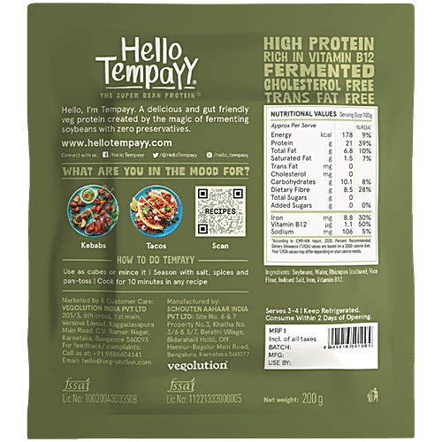 Hello Tempayy Natural Soybean Tempeh Cubes - Clean, Lean, Gut Friendly Protein, Make Curries, Stir Fries & More, 200 g 42g Protein Packed, Low Fat, Low Carbs, Fiber Rich