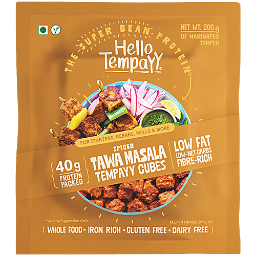 Hello Tempayy Spiced Tawa Masla Soybean Tempeh Cubes, 200 g  40g Protein Packed, Low Fat, Low Carbs, Fiber Rich