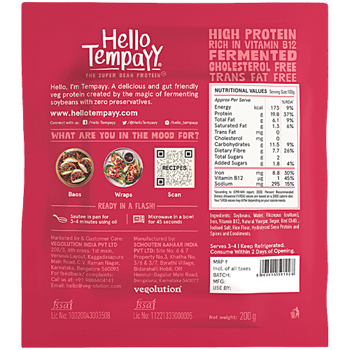 Hello Tempayy Simply Sriracha Tempeh Cubes - Clean, Lean Protein, Rich In Fibre. Make Noodles, Stir Fries & More., 200 g  40g Protein Packed, Low Fat, Low Carbs, Fiber Rich