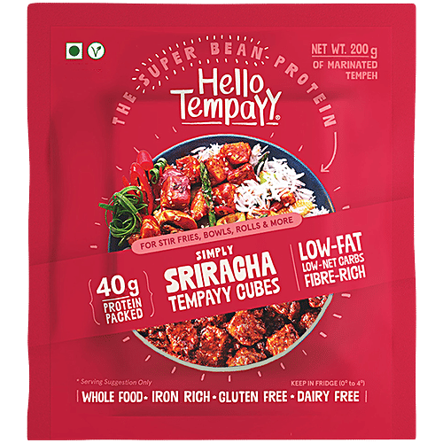 Hello Tempayy Simply Sriracha Tempeh Cubes - Clean, Lean Protein, Rich In Fibre. Make Noodles, Stir Fries & More., 200 g  40g Protein Packed, Low Fat, Low Carbs, Fiber Rich