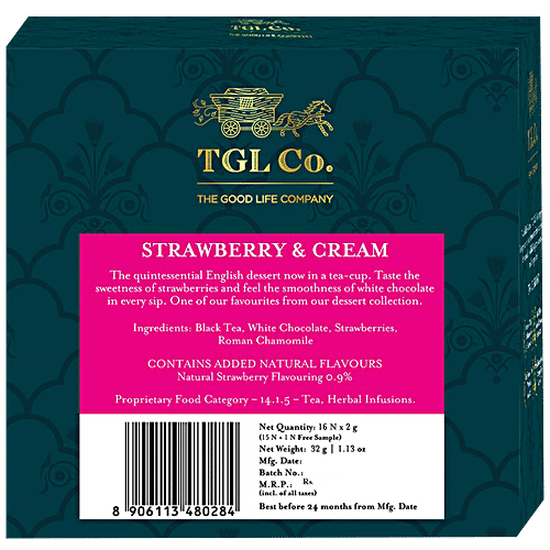 TGL Co. Strawberries and Cream Black Tea Bags Make Brew Iced Tea or Hot Tea, 32 g (16 Tea Bags x 2 g Each) 