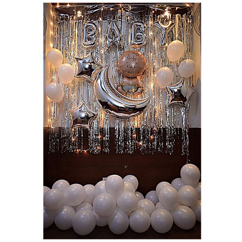 CherishX Baby Shower Silver Decoration Kit For Welcoming Baby - Frill Curtains & Balloons, 42 pcs  