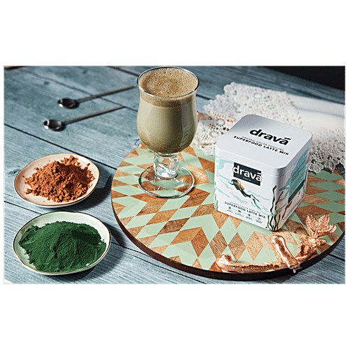 Drava Superfood Latte Mix - Organic Cocoa & Spirulina, 100 g Tin 