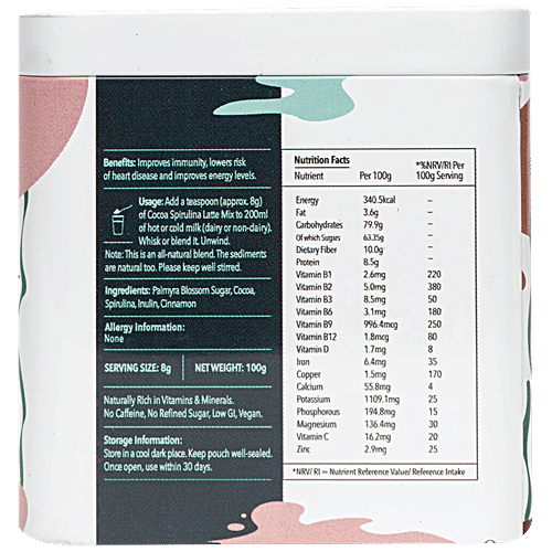 Drava Superfood Latte Mix - Organic Cocoa & Spirulina, 100 g Tin 