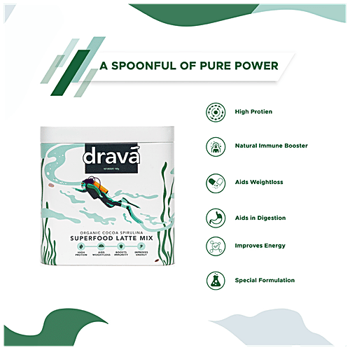 Drava Superfood Latte Mix - Organic Cocoa & Spirulina, 100 g Tin 