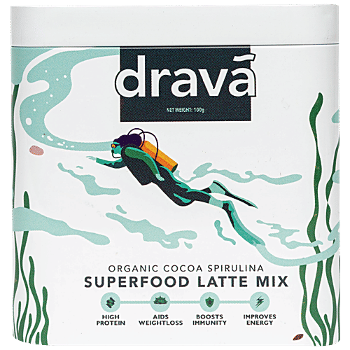 Drava Superfood Latte Mix - Organic Cocoa & Spirulina, 100 g Tin 