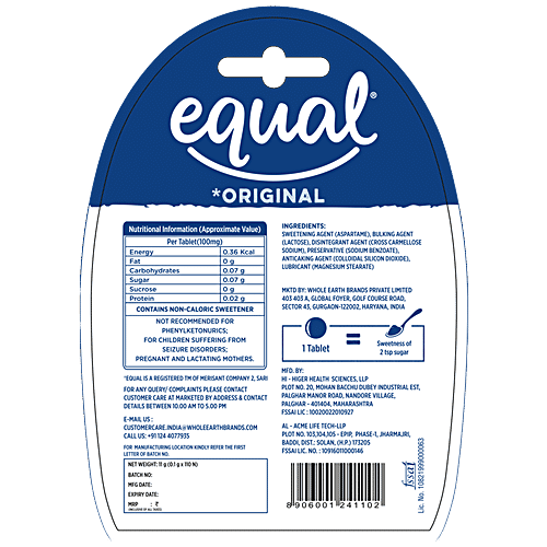 Equal Original Low-Calorie Sweetener - Sugar Free, Low Calories, Sugar Control, Diabetic Friendly, 11 g (110 Tablets)
