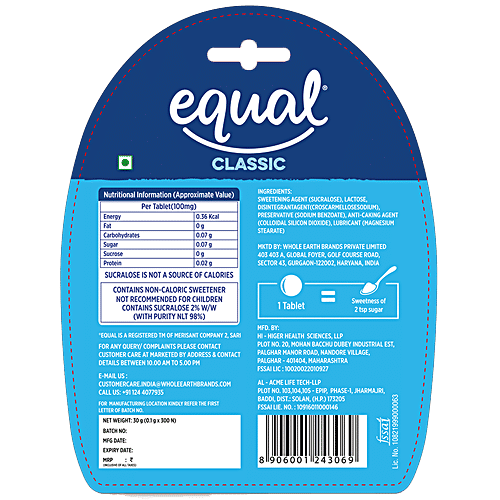 Equal Classic Zero Calorie Sweetener - Sugar Free, Calorie Control, Diabetic Friendly, 30 g (300 Tablets x 0.1 g Each) 