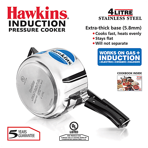 Hawkins Stainless Steel Inner Lid Pressure Cooker - Induction Base, With Handle, Silver, HSS40, 4 L