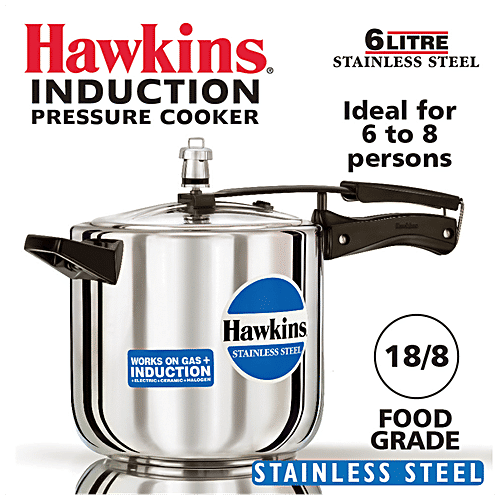 Hawkins Stainless Steel Inner Lid Pressure Cooker - Induction Base, With Handle, Silver, HSS60, 6 L