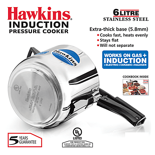 Hawkins Stainless Steel Inner Lid Pressure Cooker - Induction Base, With Handle, Silver, HSS60, 6 L