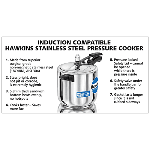 Hawkins Stainless Steel Inner Lid Pressure Cooker - Induction Base, With Handle, Silver, HSS60, 6 L