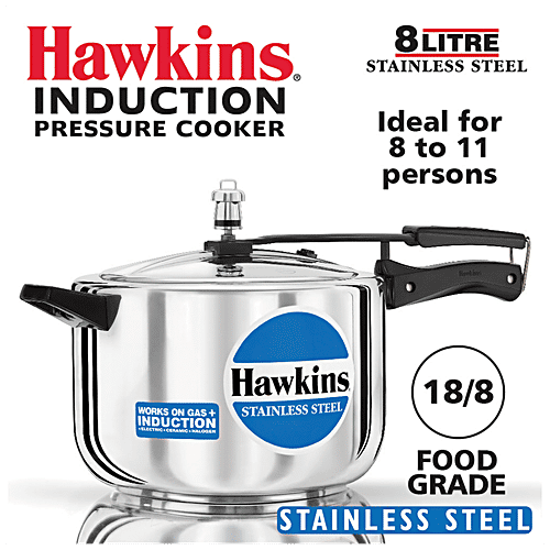 Hawkins Stainless Steel Inner Lid Pressure Cooker - Induction Base, With Handle, Silver, HSS80, 8 l  
