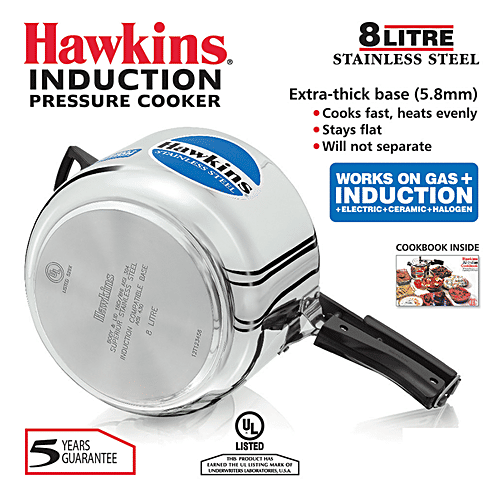 Hawkins Stainless Steel Inner Lid Pressure Cooker - Induction Base, With Handle, Silver, HSS80, 8 l  