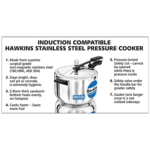 Hawkins Stainless Steel Inner Lid Pressure Cooker - Induction Base, With Handle, Silver, HSS80, 8 l  