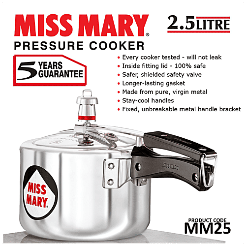Hawkins Miss Mary Aluminium Inner Lid Pressure Cooker - With Handle, Silver, MM25, 2.5 l