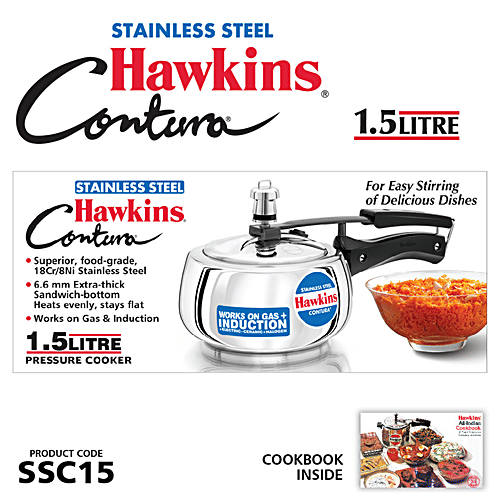 Hawkins Contura Stainless Steel Inner Lid Pressure Cooker - Induction Base, Silver, SSC15, 1.5 l  