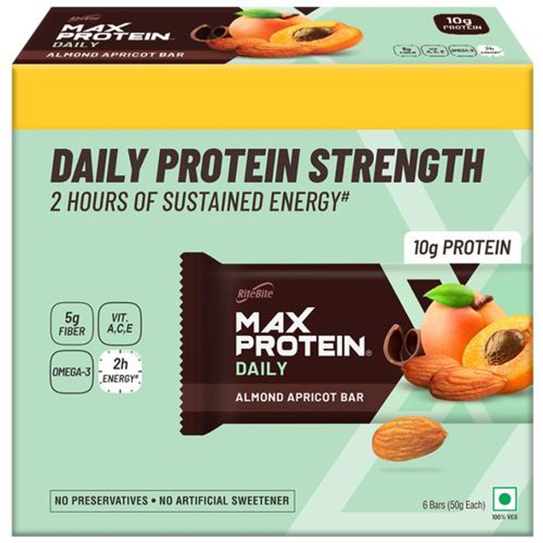 RiteBite Max Protein Bars Almond Apricot 10g Daily Protein - Healthy Protein Snacks, 50 g (Pack of 6)