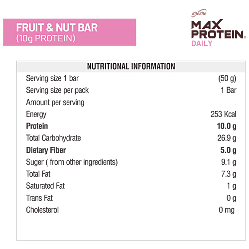RiteBite Max Protein Daily Fruit & Nut Bar - With 10 g Protein, 50 g (Pack of 6) 