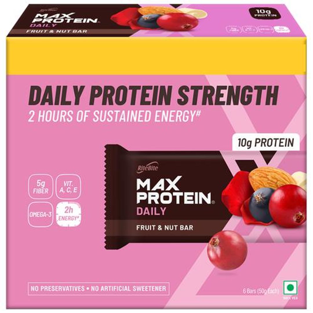 RiteBite Max Protein Bars Fruit & Nut 10g Daily Protein Bar - Healthy Protein Snacks, 50 g (Pack of 6)