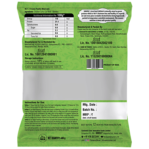 Sumeru Chicken Curry Cut, 400 g Tray Pack