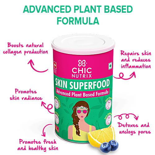 Chicnutrix Skin Superfood - Advanced Plant Based Formula, Blueberry & Lemon Flavour, 150 g (30 Servings) 